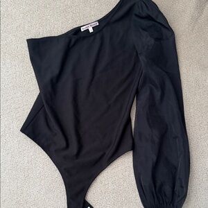 Sheer sleeve Black Asymmetrical Bodysuit